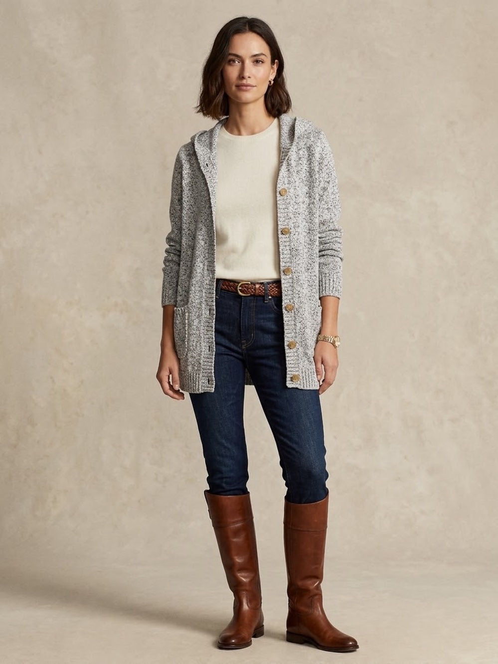 ⚓ LL Bean Womens M Speckled 100% Cotton Hooded Button Front Cardigan